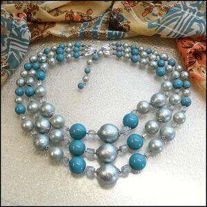 1950s Ice Blue Pearls w Crystals Triple Strand Vintage Necklace
